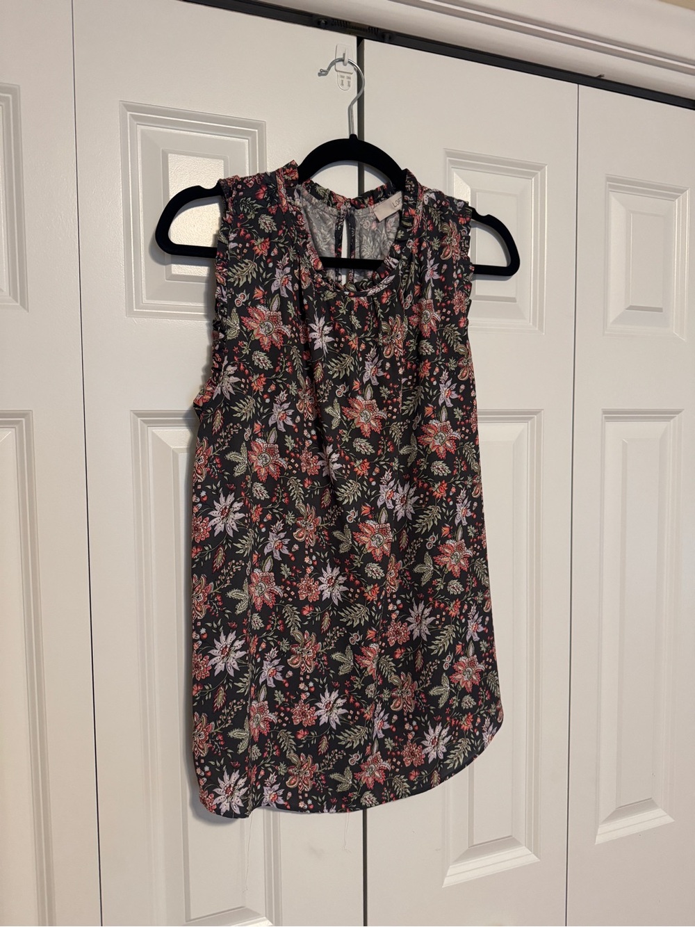 LOFT Black Floral Ruffle-Neck Sleeveless Top